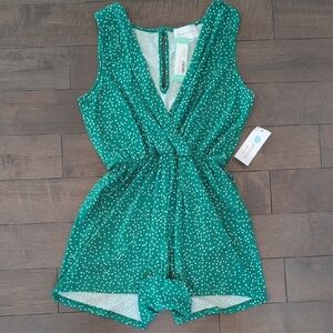 NWT French Grey Small Green Polka Dot Romper